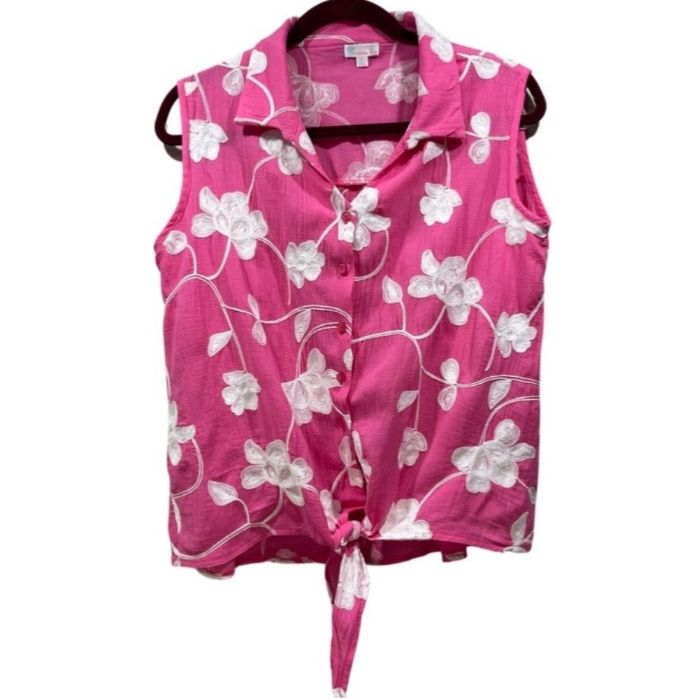 CABANA CAY Women's Embroidered Floral Sleeveless Top Tank Tie Waist Pink Size L